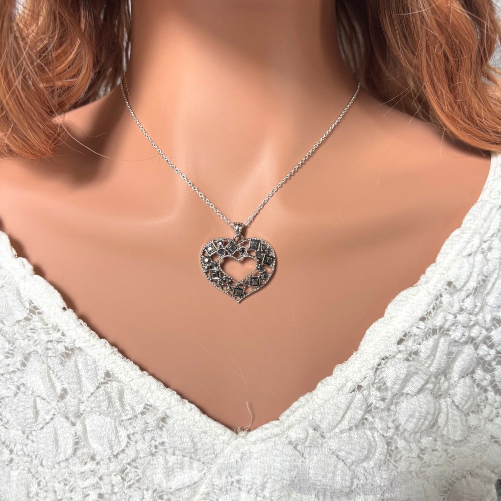 Edgy Heart Necklace Silver Tone Marcasite Style Filigree Victorian Gothic 21863
